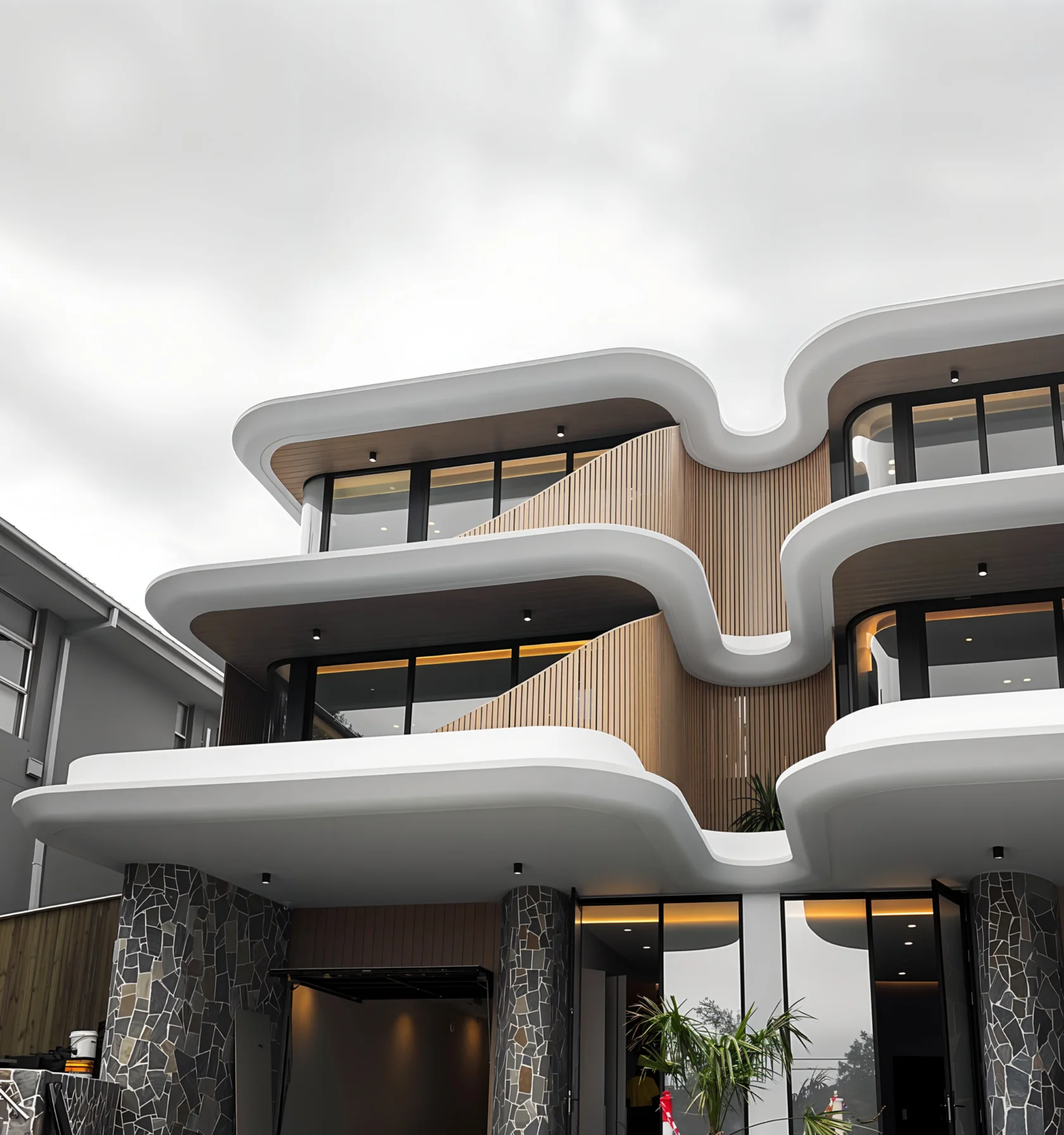 Sunlit curved white facade with mid-tone woodgrain aluminium battens