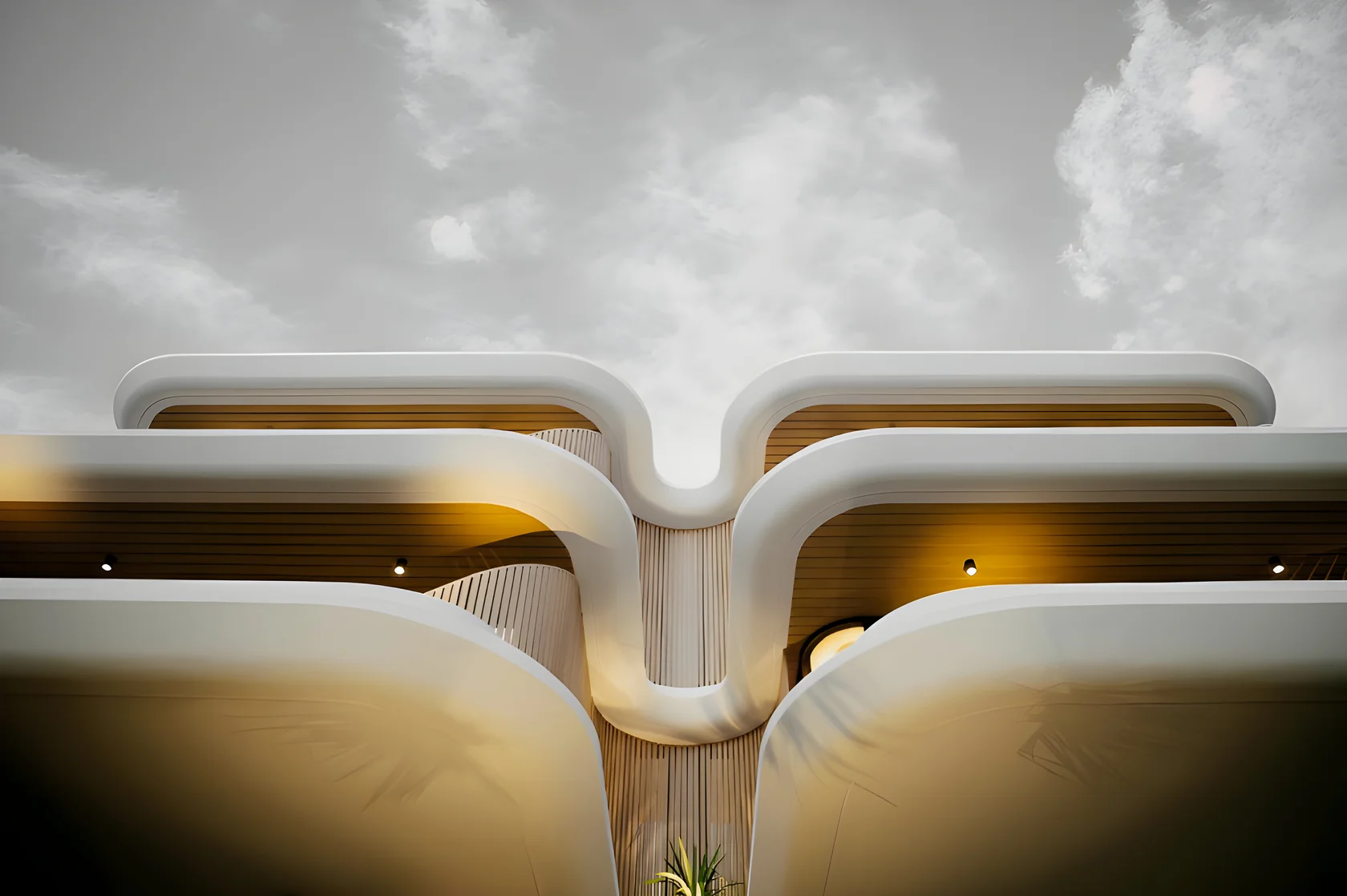 Curved white balcony undersides lined with warm woodgrain aluminium soffits