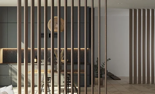 Floor-to-ceiling woodgrain aluminium privacy battens beside a stair